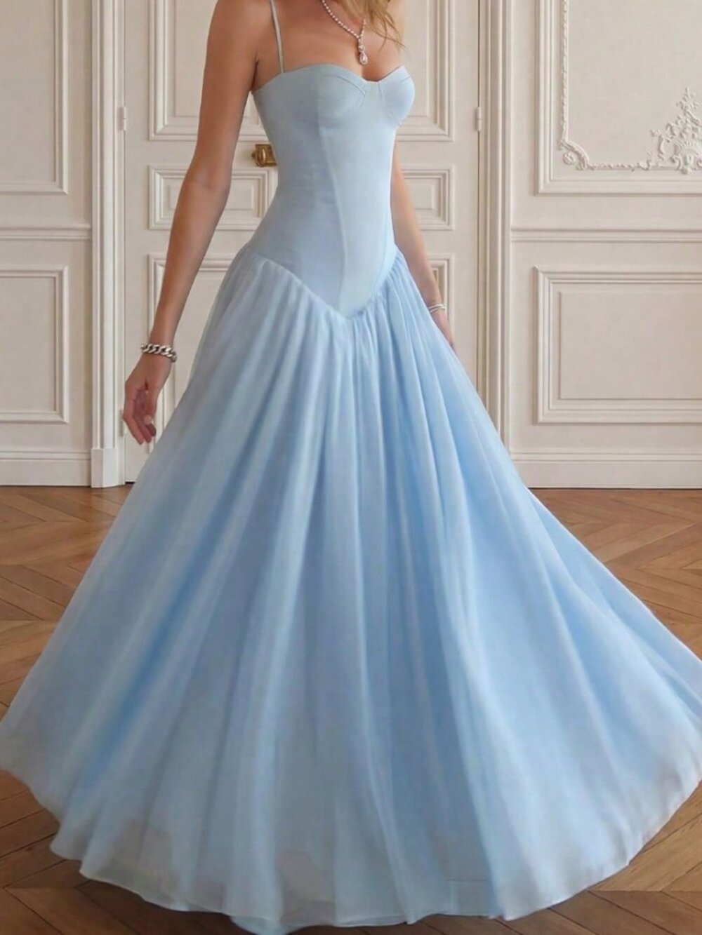 Blue Elegant Women's Romantic Fitted Pleated Dress - Picture 4 of 9